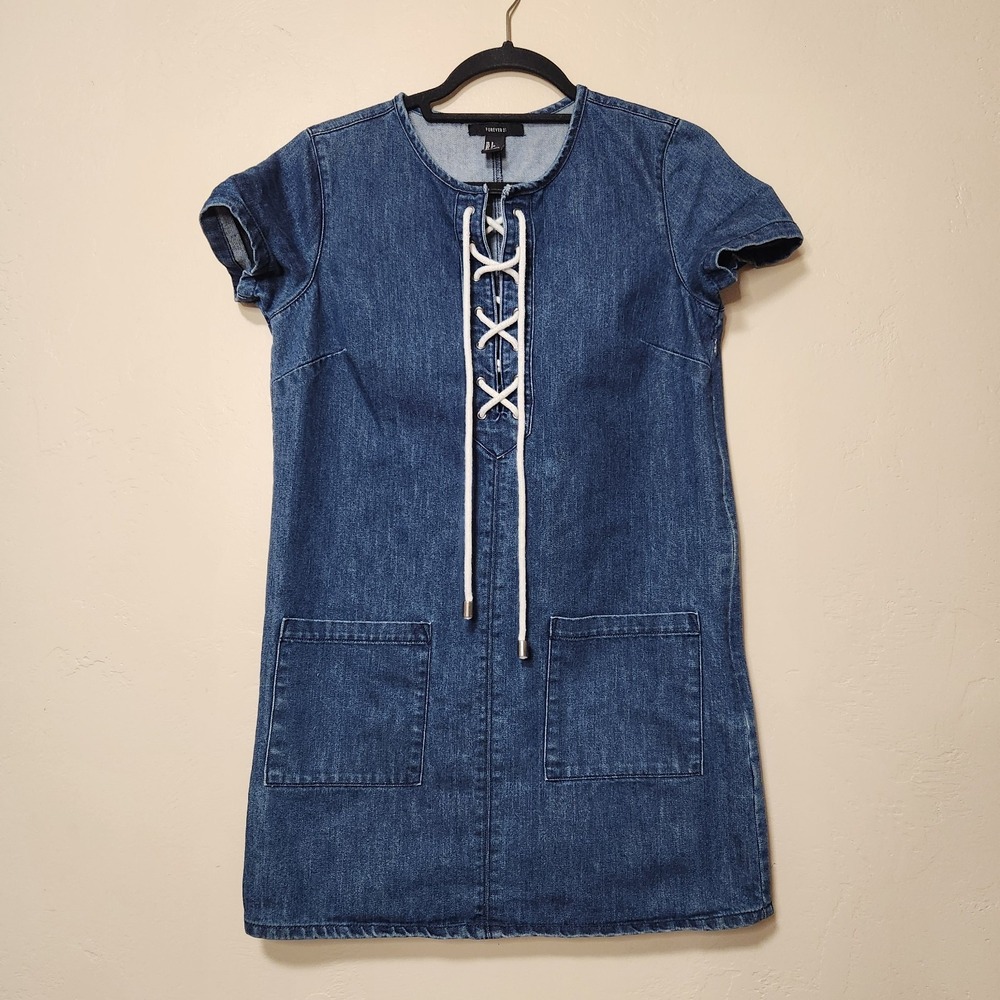 Forever 21 Lace Up‎ Mini Denim Dress Short Sleeve Shift Blue Women's Size Small